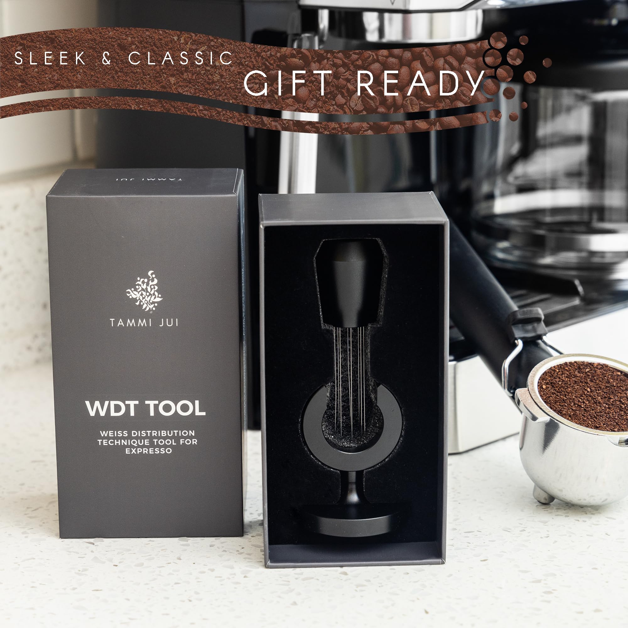 Tammi Jui WDT Tool Espresso with Magnetic Mount for easy, clutter-free storage. 8 Needle Espresso Distribution Tool in sleek aluminum. WDT Espresso Distributor comes in a Gift Ready Box.