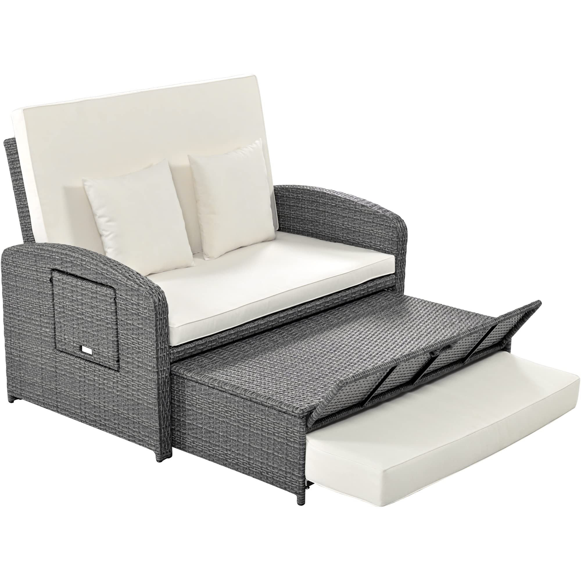 XD Designs Outdoor Patio Rattan Sunbed Double Chaise Lounge with Adjustable Back, All Weather PE Wicker 2-Person Reclining Conversations Set with Foldable Side Tables and Protection Cover (White-C)