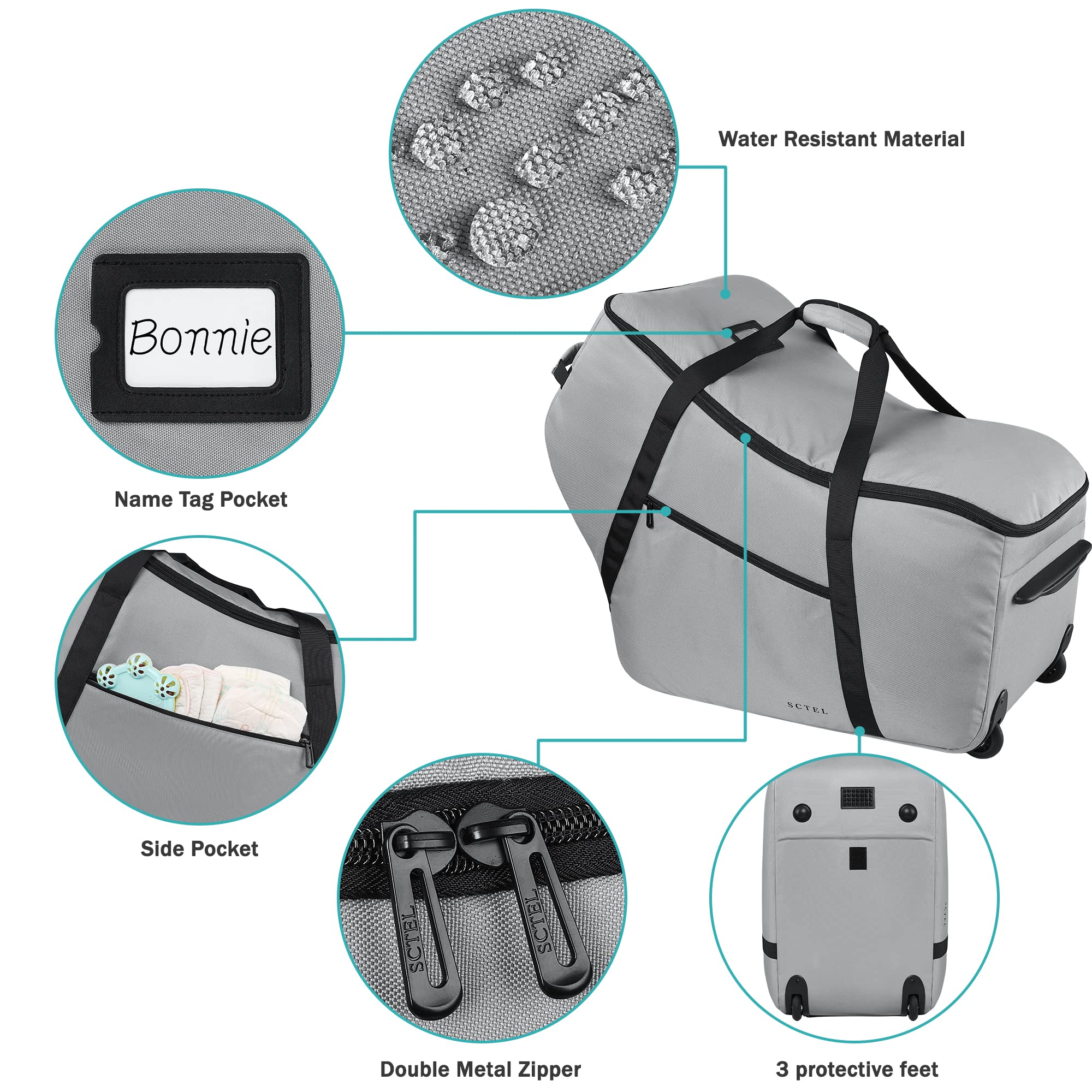 SCTEL Car Seat Travel Bag Fits All Nuna Pipa Car Seat and Base, Doona Travel Bag, Padded Infant Car Seat Bag with Wheels, Airport Gate Check Bag with side pocket, Protective Feet, Double handle
