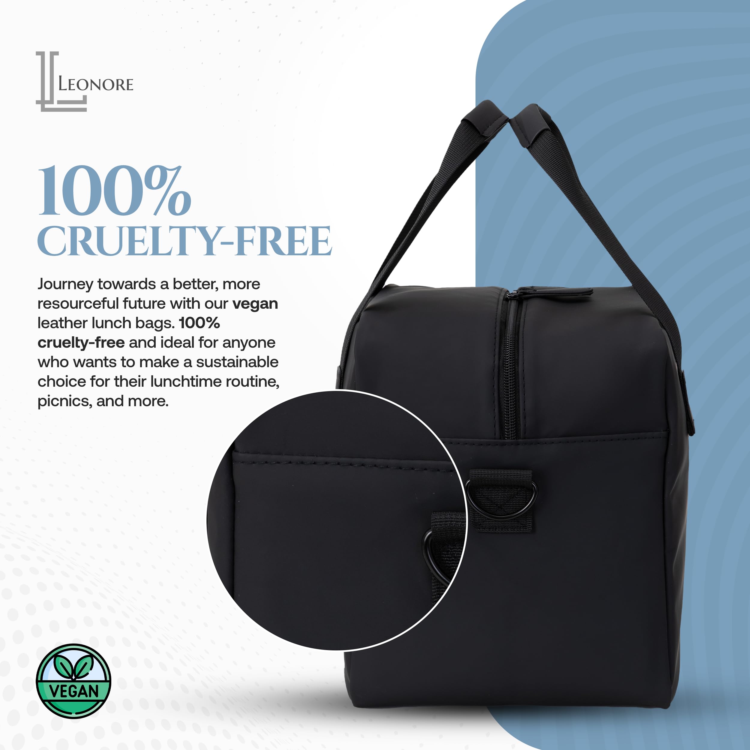 LEONORE Lunch Bag | Insulated Cooler for Work, College, Travel | Large Reusable Lunchbox for Men & Women | Vegan Leather Designer Tote (Matte Black)