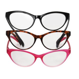 Betsey Johnson Women's Fairisle 3 Pack Reading Glasses Cat eye, Black, Tortoise, Pink Gradient, 2.5X + 2.5