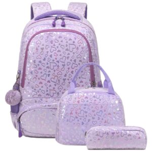 school bags for girls, 3pcs purple schools backpack set with lunch bag pencil case for school girls, cute soft plush school bookbag for preschool kindergarten elementary kids