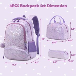 School Bags for Girls, 3PCS Purple Schools Backpack Set with Lunch Bag Pencil Case for School Girls, Cute Soft Plush School Bookbag for Preschool Kindergarten Elementary Kids