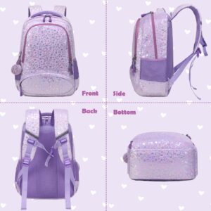 School Bags for Girls, 3PCS Purple Schools Backpack Set with Lunch Bag Pencil Case for School Girls, Cute Soft Plush School Bookbag for Preschool Kindergarten Elementary Kids