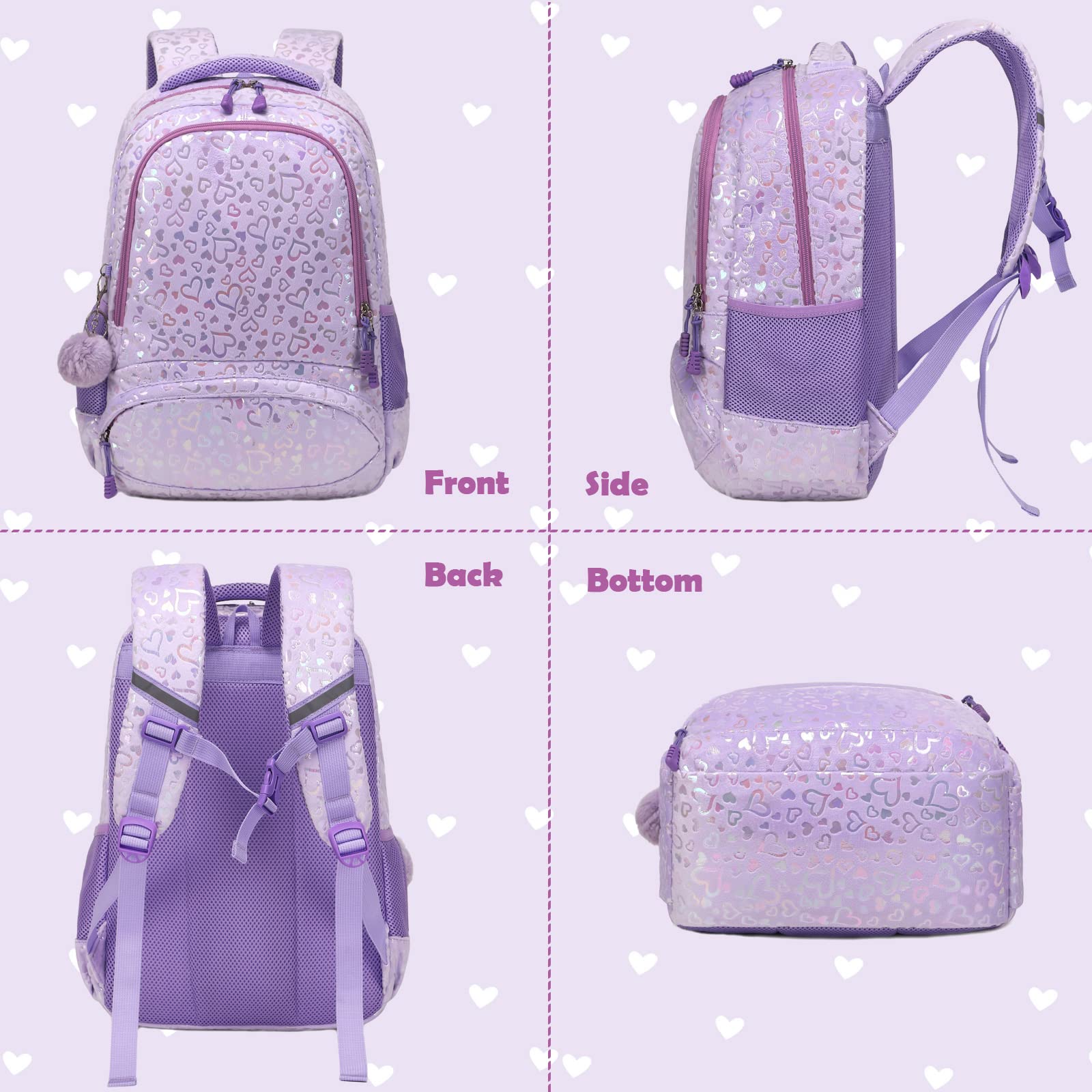 School Bags for Girls, 3PCS Purple Schools Backpack Set with Lunch Bag Pencil Case for School Girls, Cute Soft Plush School Bookbag for Preschool Kindergarten Elementary Kids