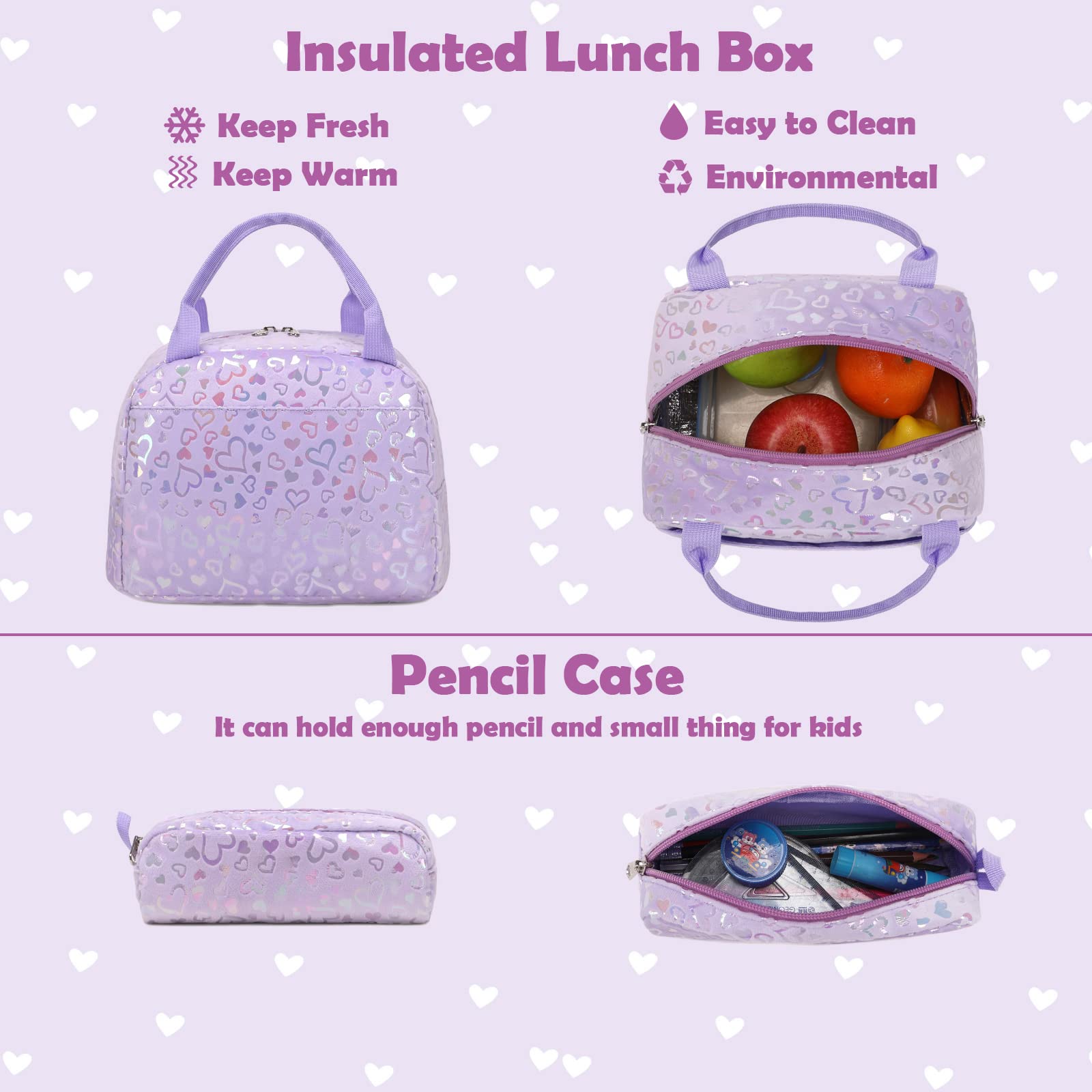 School Bags for Girls, 3PCS Purple Schools Backpack Set with Lunch Bag Pencil Case for School Girls, Cute Soft Plush School Bookbag for Preschool Kindergarten Elementary Kids