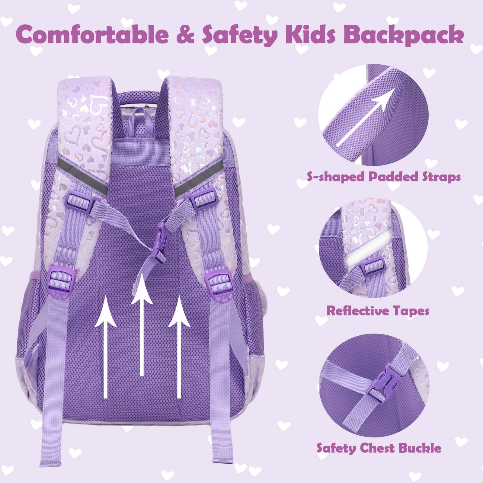 School Bags for Girls, 3PCS Purple Schools Backpack Set with Lunch Bag Pencil Case for School Girls, Cute Soft Plush School Bookbag for Preschool Kindergarten Elementary Kids