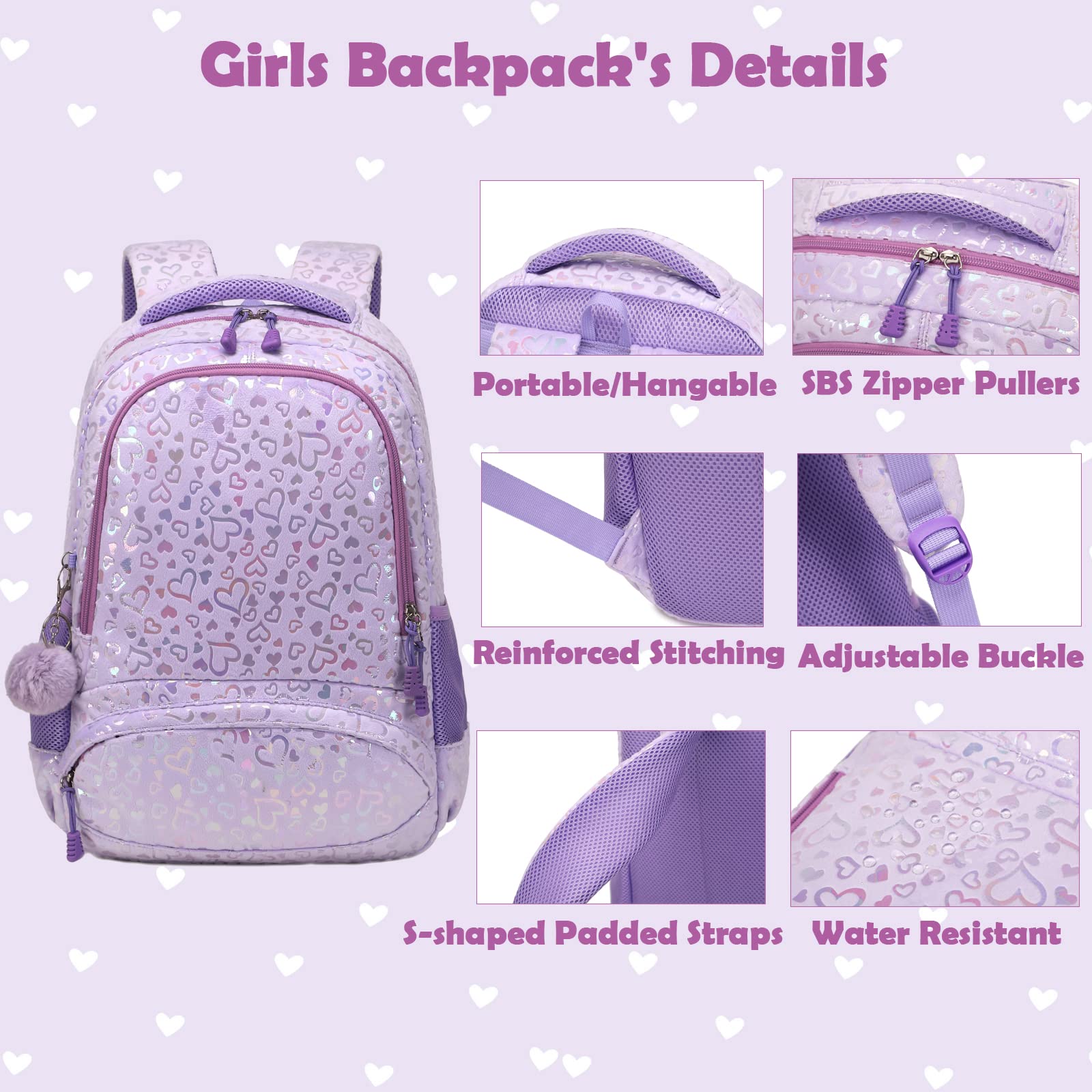 School Bags for Girls, 3PCS Purple Schools Backpack Set with Lunch Bag Pencil Case for School Girls, Cute Soft Plush School Bookbag for Preschool Kindergarten Elementary Kids