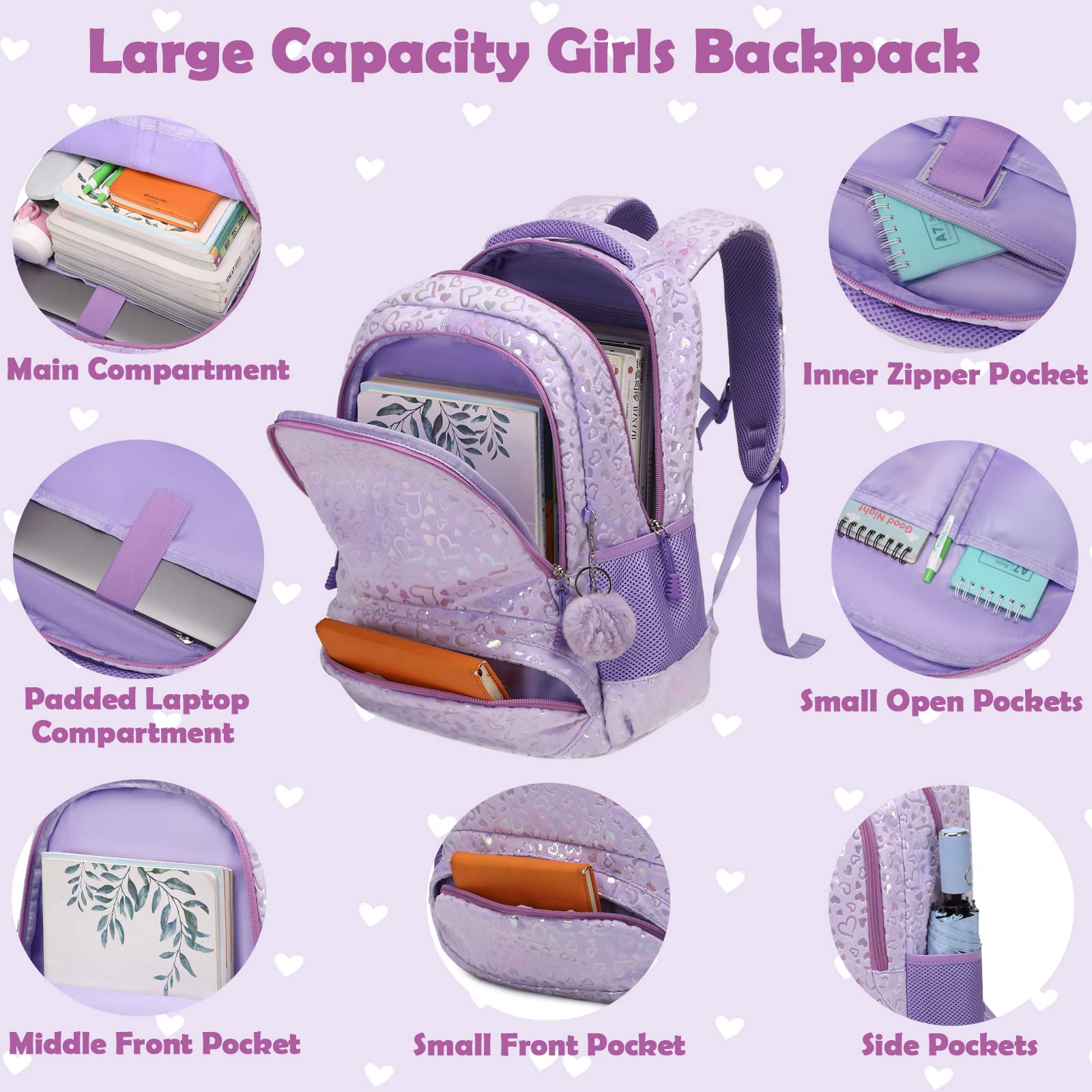 School Bags for Girls, 3PCS Purple Schools Backpack Set with Lunch Bag Pencil Case for School Girls, Cute Soft Plush School Bookbag for Preschool Kindergarten Elementary Kids