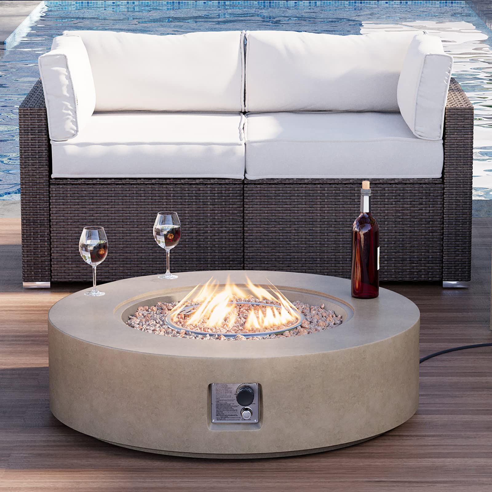 HOMPUS Outdoor Round Propane Fire Pit Table, 41''x12'' Fire Table, 50000 BTU Fire Pit w Free Waterproof Cover & Fire Stone for Patio, Garden, Grey