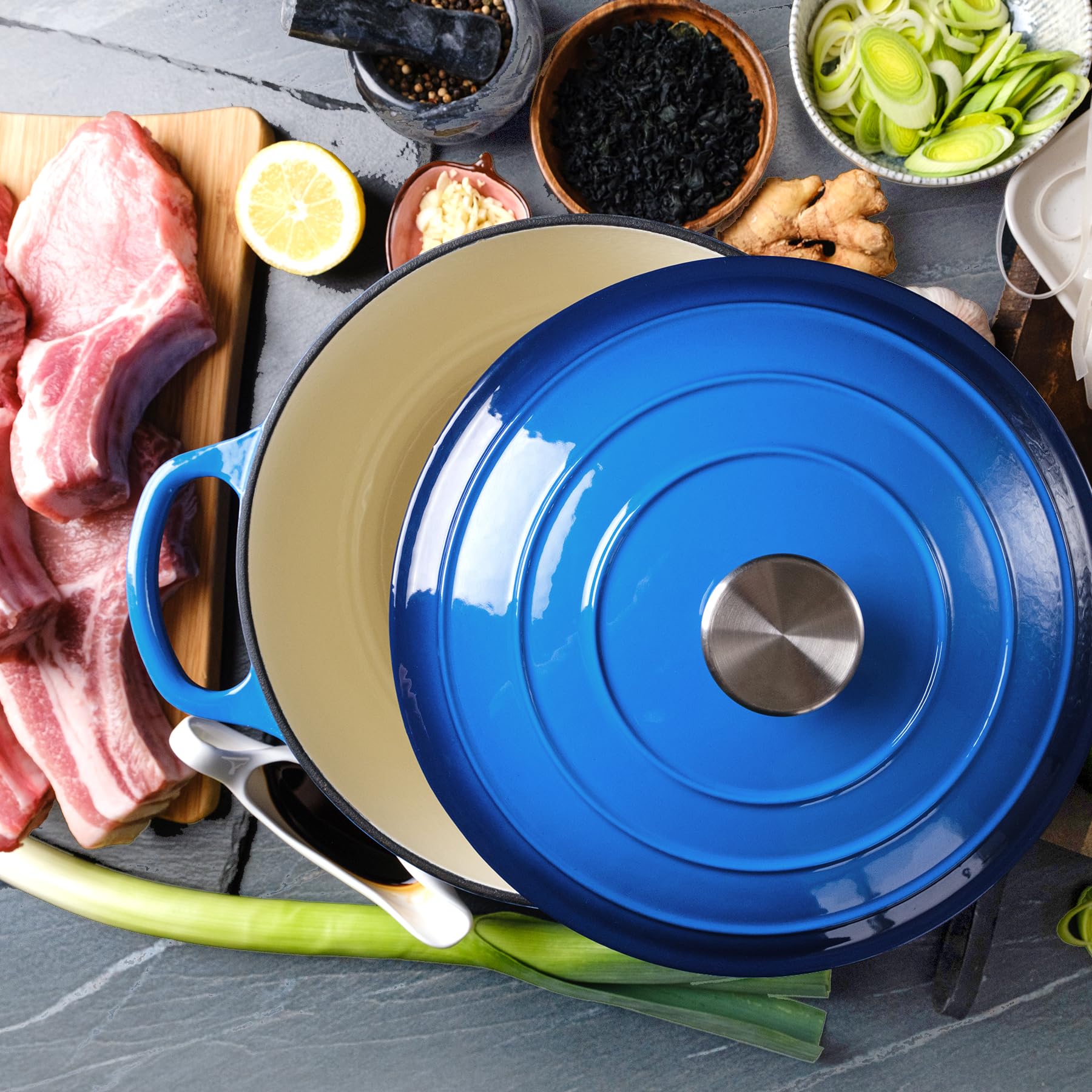 6 Quart Enameled Cast Iron Dutch Oven with Lid - Big Dual Handles - Oven Safe up to 500°F - Classic Round Pot for Versatile Cooking Blue