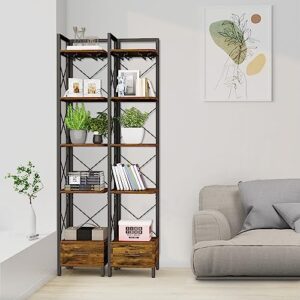 LAZEYARD 70.8 Inch Corner Bookshelf, 5 Tier Tall Narrow Bookshelf with Drawer and Glass Holder, Skinny Corner Bookcase, Freestanding Display and Storage Corner Shelf, Industrial Rustic Brown and Black