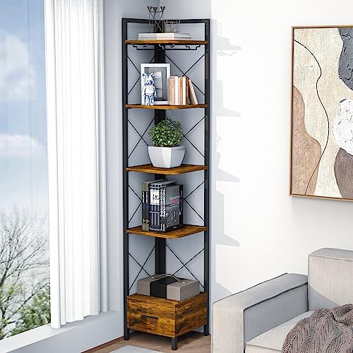 LAZEYARD 70.8 Inch Corner Bookshelf, 5 Tier Tall Narrow Bookshelf with Drawer and Glass Holder, Skinny Corner Bookcase, Freestanding Display and Storage Corner Shelf, Industrial Rustic Brown and Black