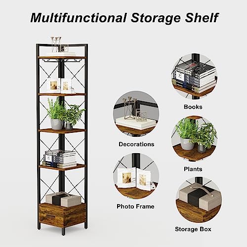 LAZEYARD 70.8 Inch Corner Bookshelf, 5 Tier Tall Narrow Bookshelf with Drawer and Glass Holder, Skinny Corner Bookcase, Freestanding Display and Storage Corner Shelf, Industrial Rustic Brown and Black