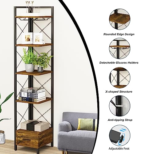 LAZEYARD 70.8 Inch Corner Bookshelf, 5 Tier Tall Narrow Bookshelf with Drawer and Glass Holder, Skinny Corner Bookcase, Freestanding Display and Storage Corner Shelf, Industrial Rustic Brown and Black