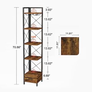 LAZEYARD 70.8 Inch Corner Bookshelf, 5 Tier Tall Narrow Bookshelf with Drawer and Glass Holder, Skinny Corner Bookcase, Freestanding Display and Storage Corner Shelf, Industrial Rustic Brown and Black