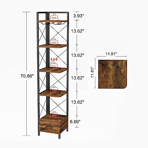 LAZEYARD 70.8 Inch Corner Bookshelf, 5 Tier Tall Narrow Bookshelf with Drawer and Glass Holder, Skinny Corner Bookcase, Freestanding Display and Storage Corner Shelf, Industrial Rustic Brown and Black