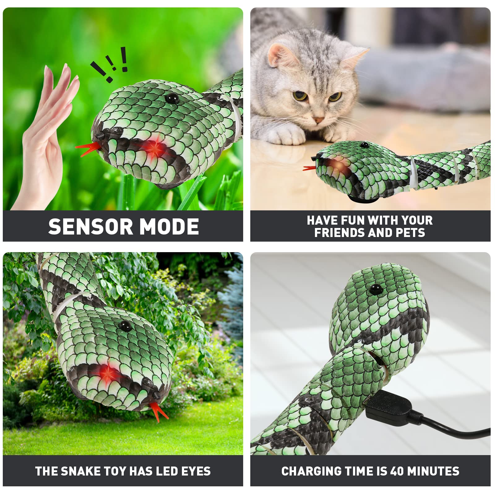 FauKait Cat Toys Snake Interactive,Kitten Toys,Realistic Simulation Smart Sensing Snake Toy,USB Rechargeable,Automatically Sense Obstacles and Escape,Tricky Snake for Indoor Cats Dogs(Green Snake)