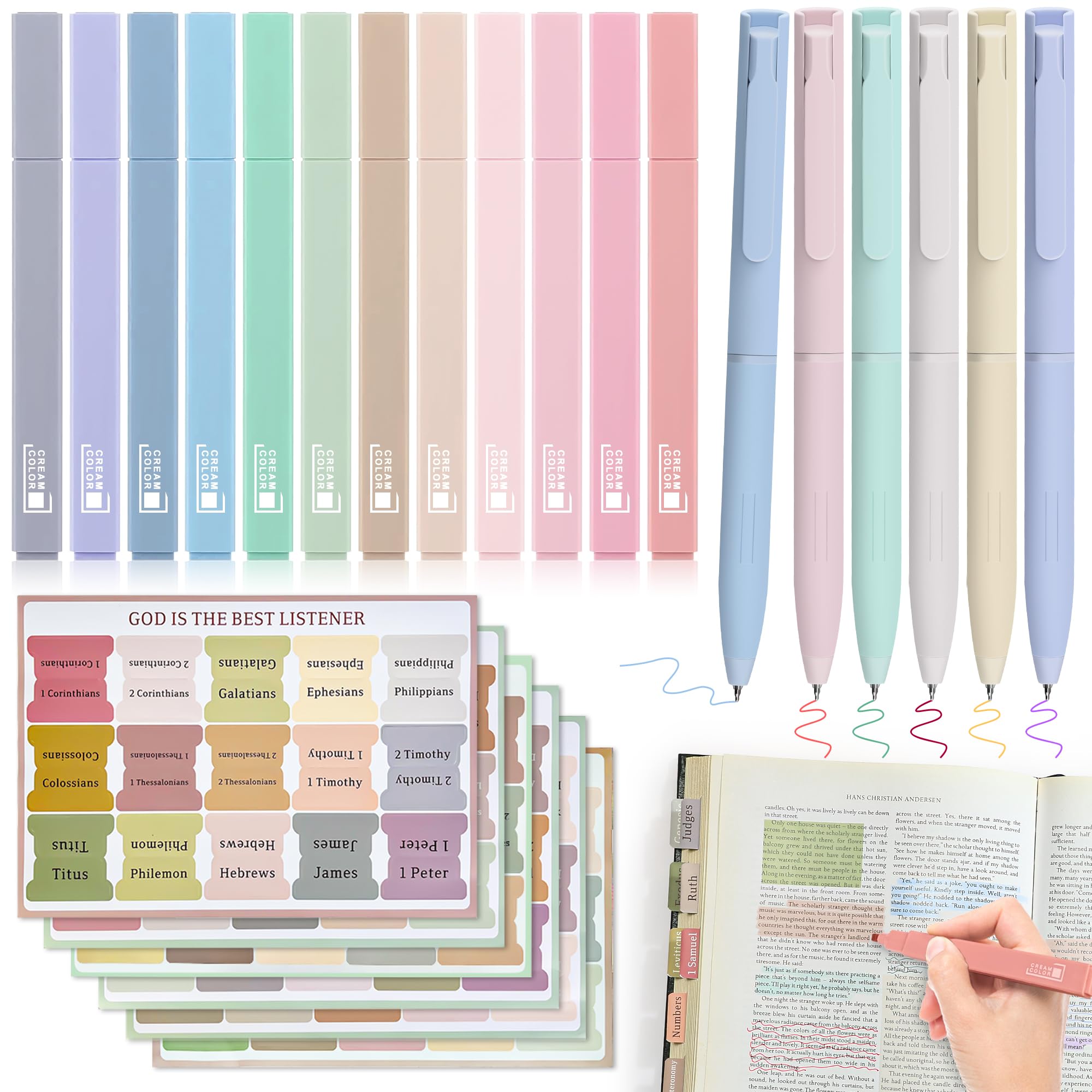 DazSpirit Bible Journaling Kit, 12 Pastel Bible Highlighters and 6 Pens No Bleed with 90 Laminated Bible Tabs, Bible Study Kit for Women & Men Office School, Bible Study Supplies