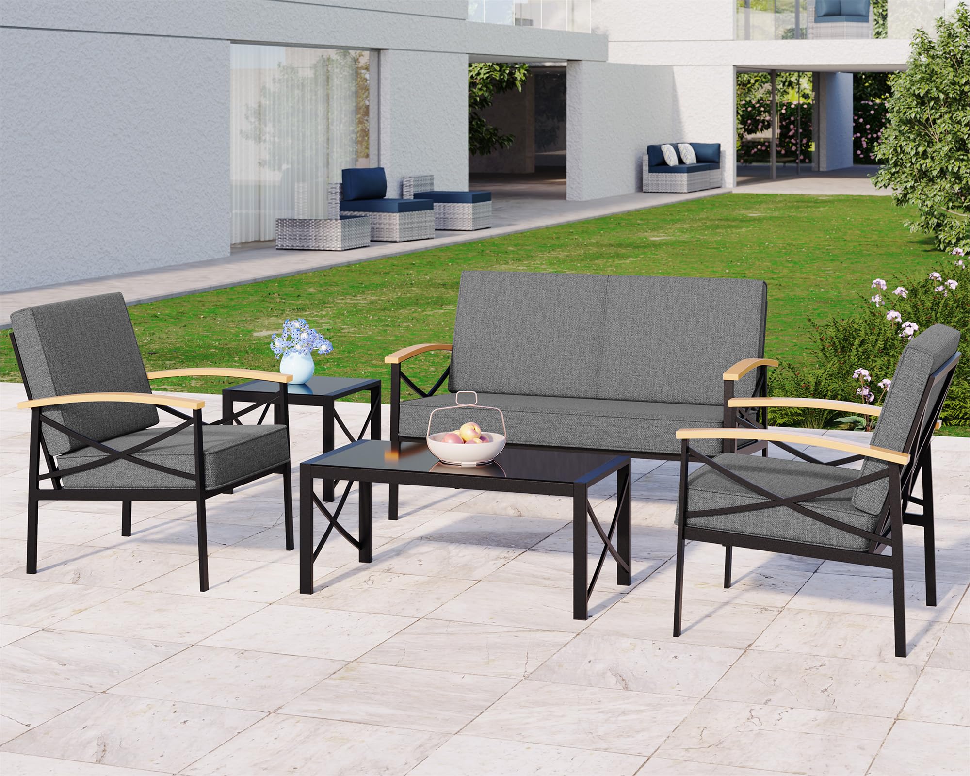 JAMFLY 5 Piece Outdoor Metal Patio Furniture Sectional Set, Outdoor Metal Furniture Patio Conversation Sets with Coffee Table for Patio,Backyard,Balcony