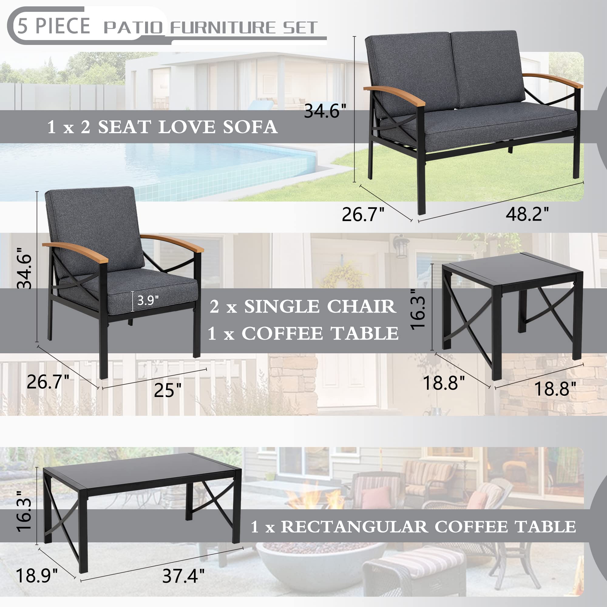 JAMFLY 5 Piece Outdoor Metal Patio Furniture Sectional Set, Outdoor Metal Furniture Patio Conversation Sets with Coffee Table for Patio,Backyard,Balcony