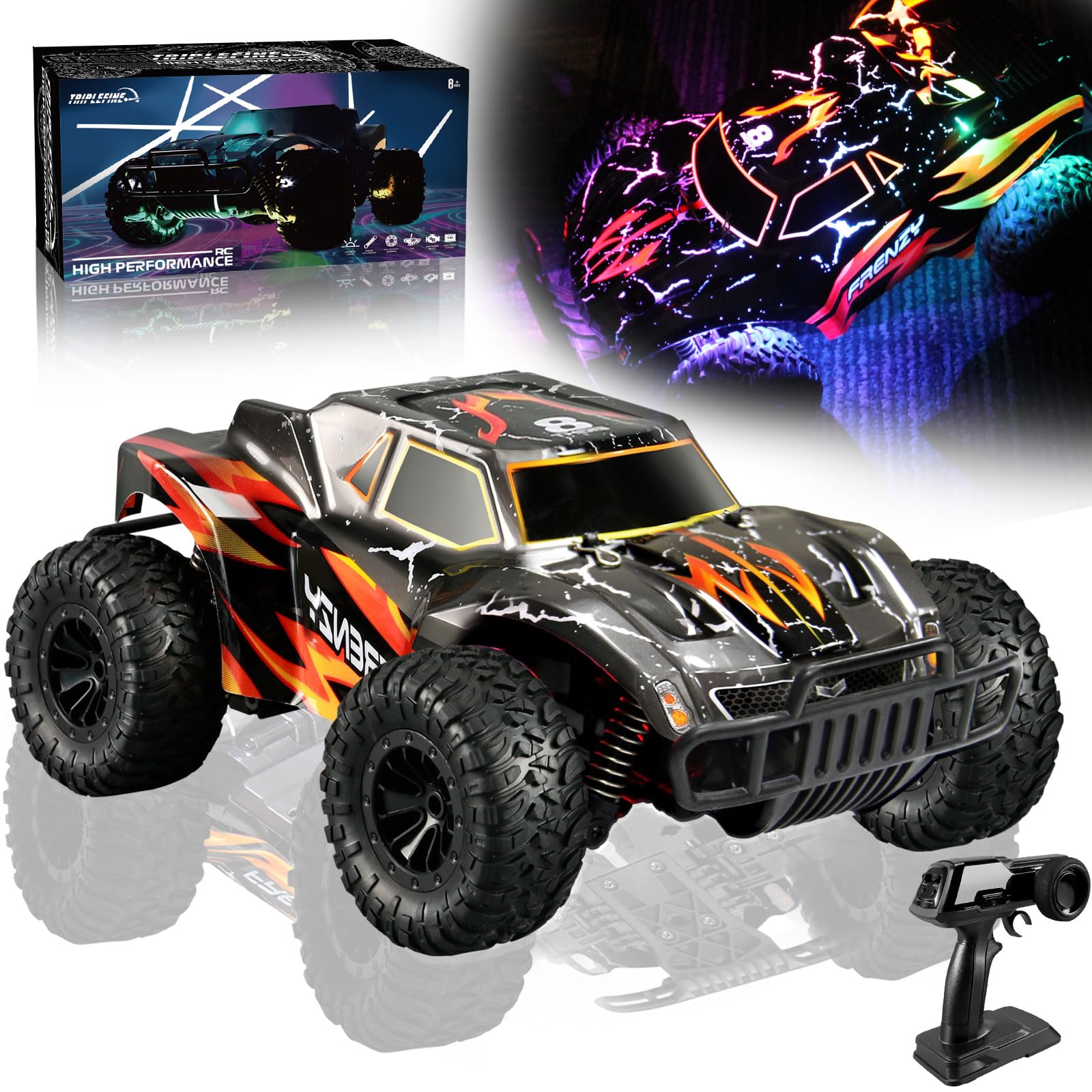 TRIPLEFINE 1:16 Scale Off Road RC Car, 30/km High Speed RC Car with 2 Battery, Remote Control Car with 2.4 GHz Remote Control, Gifts for Kids and Adults, Light Show RC car