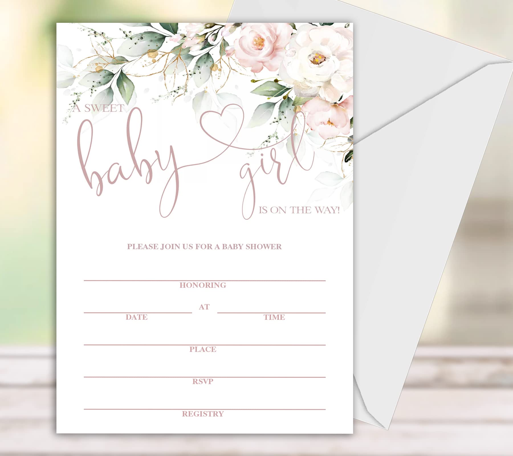 Geuro Baby Shower Invitations for girl, Floral Fill In Invites Cards wih Envelopes, Set of 25.