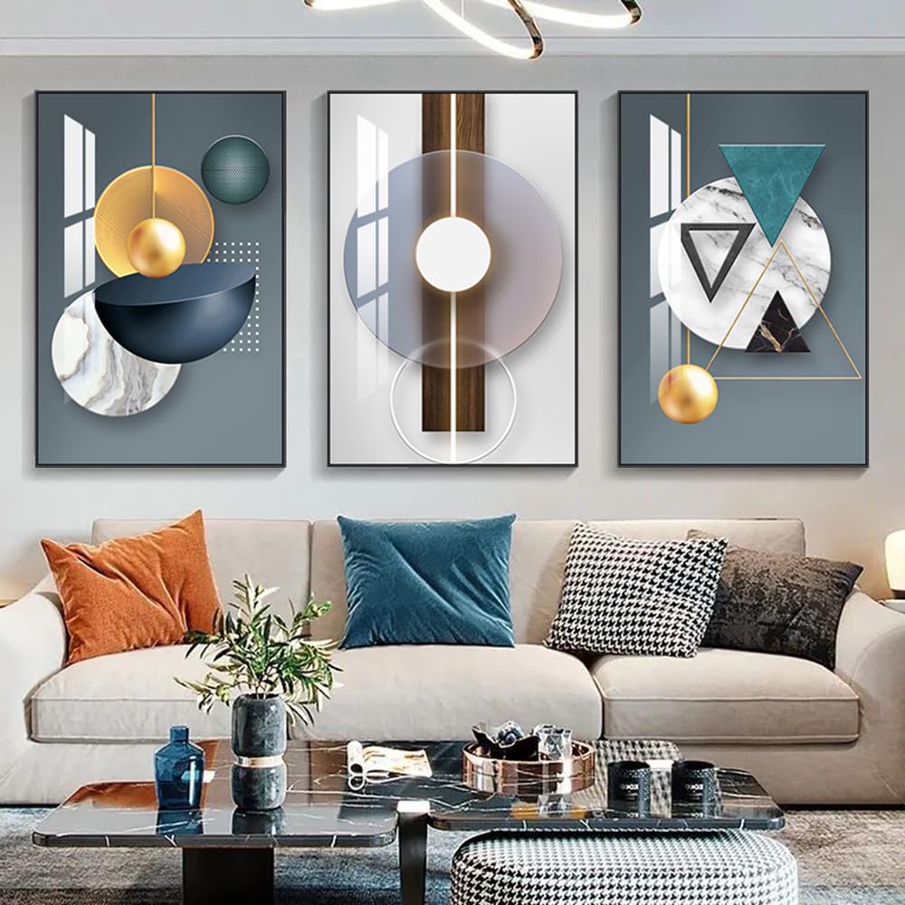 ARTKN 3 Pieces Framed Abstract Geometric Wall Art, Art Shapes Patterns Paintings, Modern Wall Decor Artwork, Large Wall Art for Living Room Bedroom Office(Blue, 16" X 24" X 3 pieces)