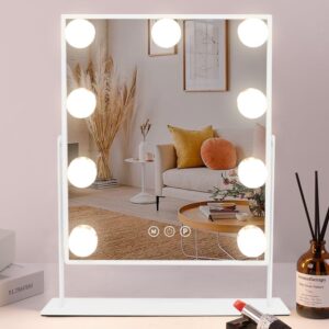 cooljeen vanity mirror with lights, 9 led bulbs lighted makeup mirror with detachable 10x magnification mirror, hollywood mirror 3 color lights tabletop makeup mirror, 360°rotation