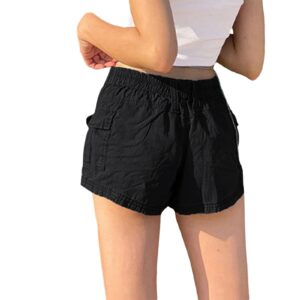 Women Y2k Cargo Shorts Casual Pockets Bottoms Shorts Sexy Slim Fit Mini Hot Pants Vintage Retro Streetwear(Girls Black,M)