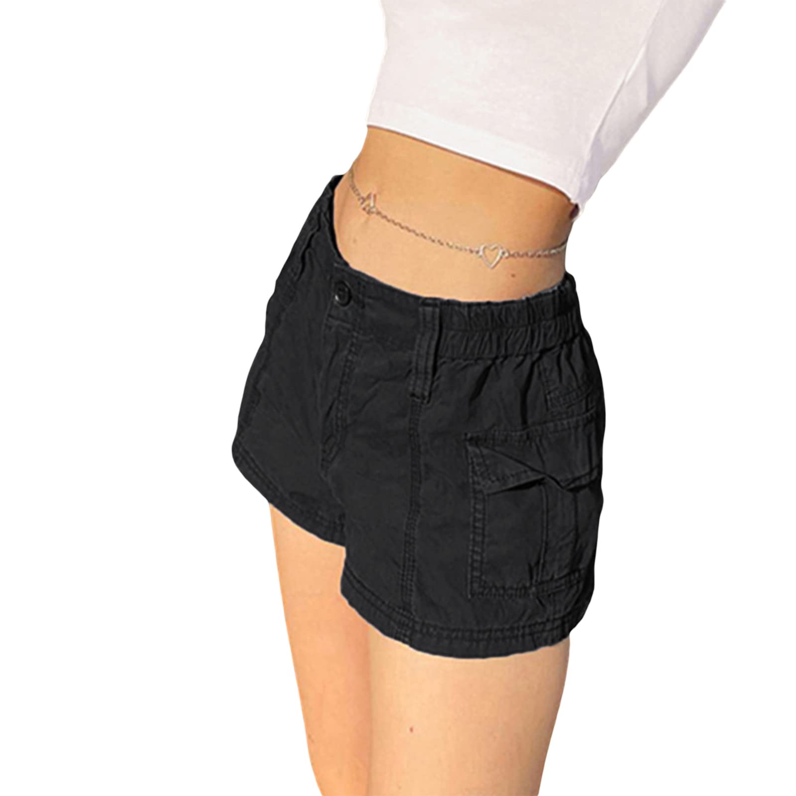 Women Y2k Cargo Shorts Casual Pockets Bottoms Shorts Sexy Slim Fit Mini Hot Pants Vintage Retro Streetwear(Girls Black,M)