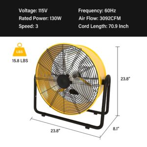 Simple Deluxe 20 Inch Heavy Duty Metal Industrial Drum Fan, 3 Speed Floor Fan for Warehouse, Workshop, Factory and Basement, Yellow