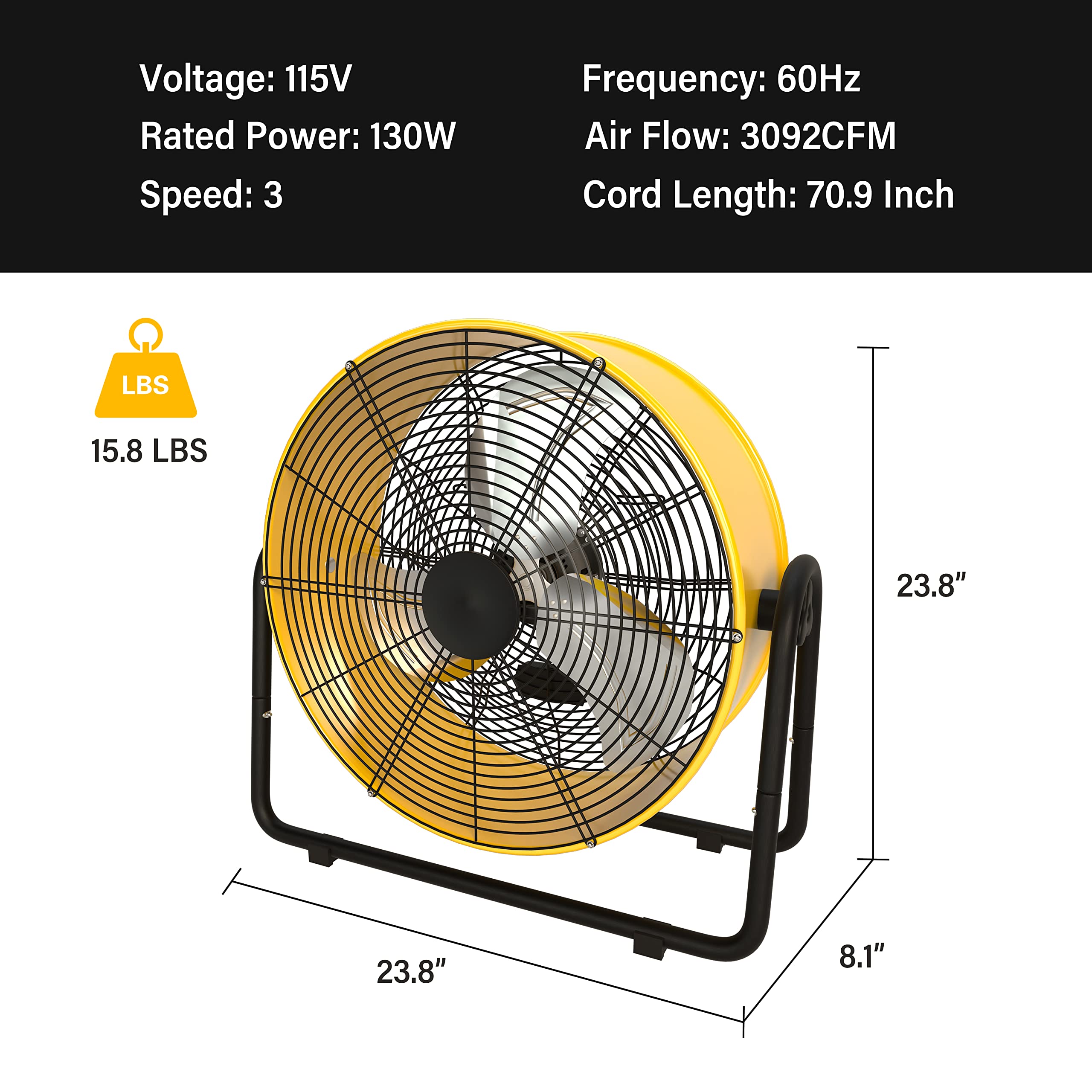 Simple Deluxe 20 Inch Heavy Duty Metal Industrial Drum Fan, 3 Speed Floor Fan for Warehouse, Workshop, Factory and Basement, Yellow