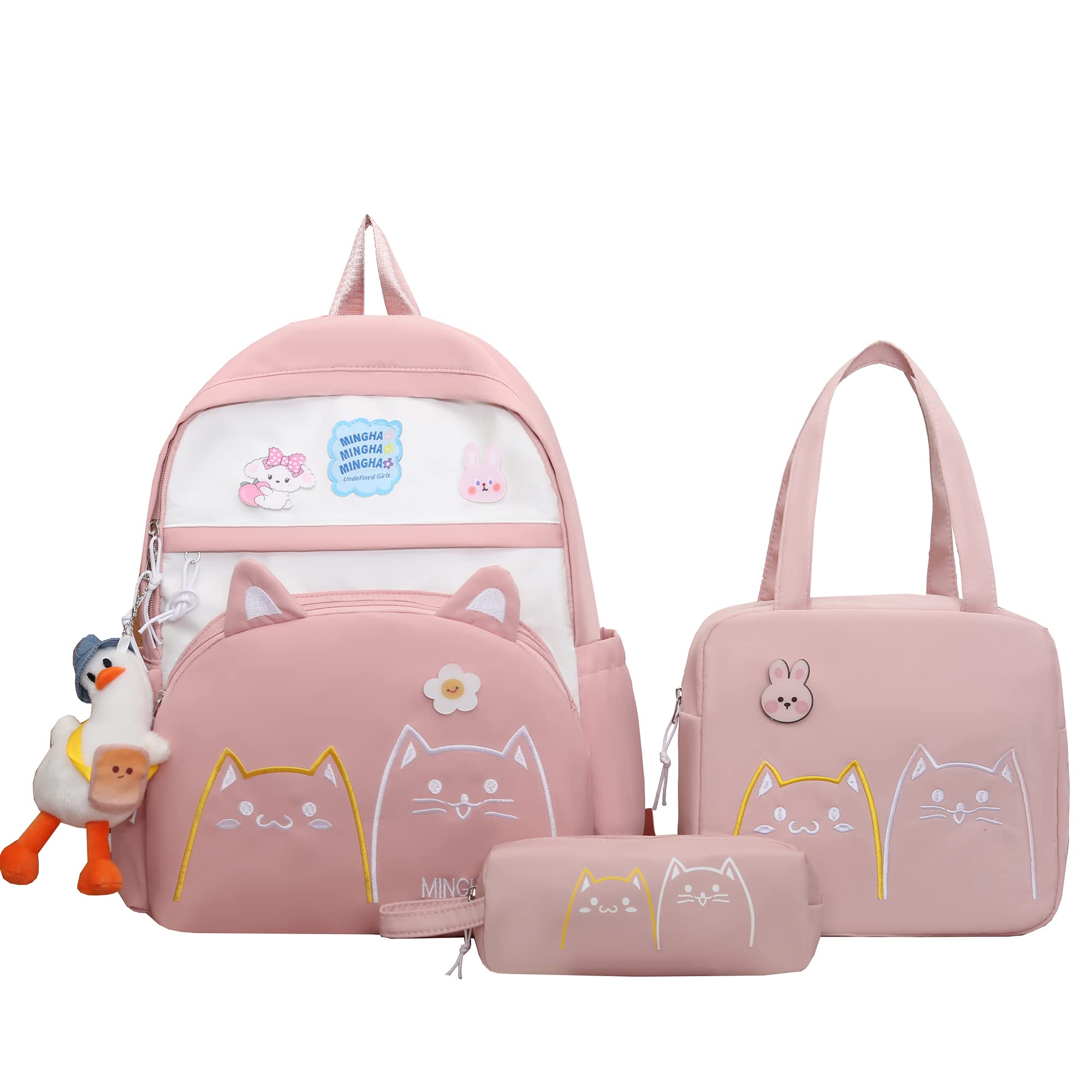 Kawaii Backpack for girls,17in Cute Cat Embroidery School Backpack Set with Lunch Bag Pencil Box,3PCS Aesthetic Student Bookbags,Pink