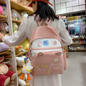 Kawaii Backpack for girls,17in Cute Cat Embroidery School Backpack Set with Lunch Bag Pencil Box,3PCS Aesthetic Student Bookbags,Pink