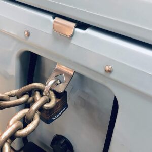 Universal Cooler Lock Brackets: Designed to fit Tie Down Slot of Mid to Large Rotomolded Ice Chests (Compatible with Yeti/RTIC Coolers) Made of Stainless Steel in The U.S.A. ( Pair )