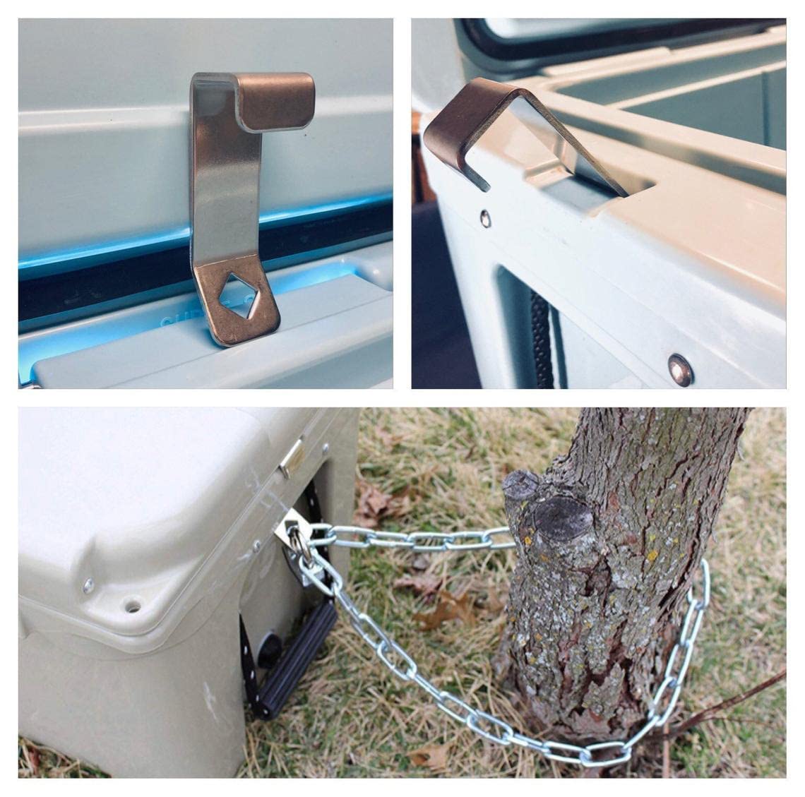 Universal Cooler Lock Brackets: Designed to fit Tie Down Slot of Mid to Large Rotomolded Ice Chests (Compatible with Yeti/RTIC Coolers) Made of Stainless Steel in The U.S.A. ( Pair )