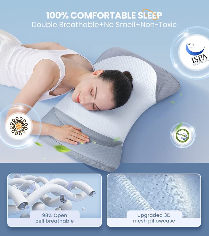 Gadole 8X Support Side Sleeping Pillow for Neck Pain Relief, Adjustable Cervical Fit Shoulder Perfectly, Ergonomic Contour Memory Foam Pillows with Armrest Area, Bed Back Stomach Grey Queen