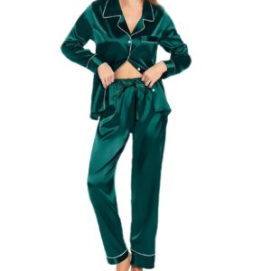 WJing Yi Jia Womens Pajama Set Silk Satin Pajamas Long 2pc Pjs Button Down Sleepwear Pj Set Loungewear