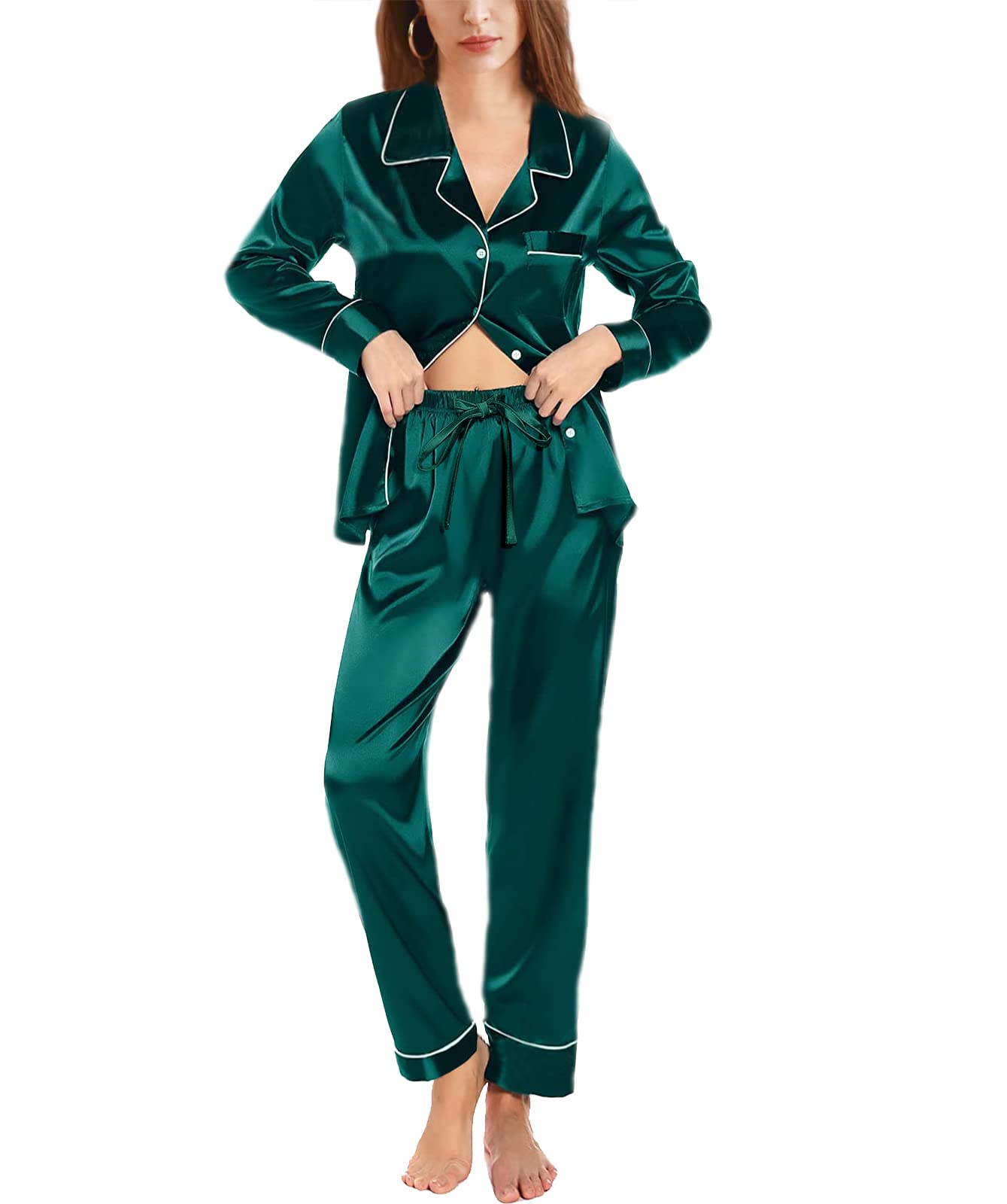 WJing Yi Jia Womens Pajama Set Silk Satin Pajamas Long 2pc Pjs Button Down Sleepwear Pj Set Loungewear