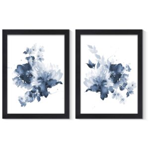 joworolo framed blue flower wall art modern abstract floral painting wall decor watercolor flowers poster on canvas prints 2 panels botanical artwork for bedroom bathroom living room 12x16inch