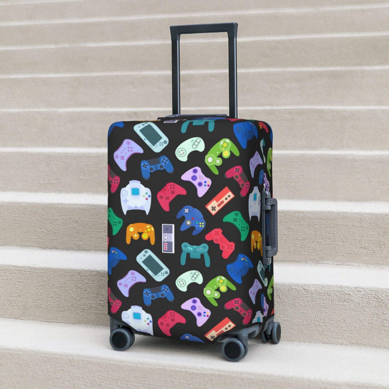 DOINBEE Kids Video Game Luggage Covers Colorful Gaming Gamer on Black Suitcase Covers for Luggage, Fun Gaming Gifts for Girls Boys, Elastic Print Baggage Case Suitcase Protector Fits 22-24 Inch