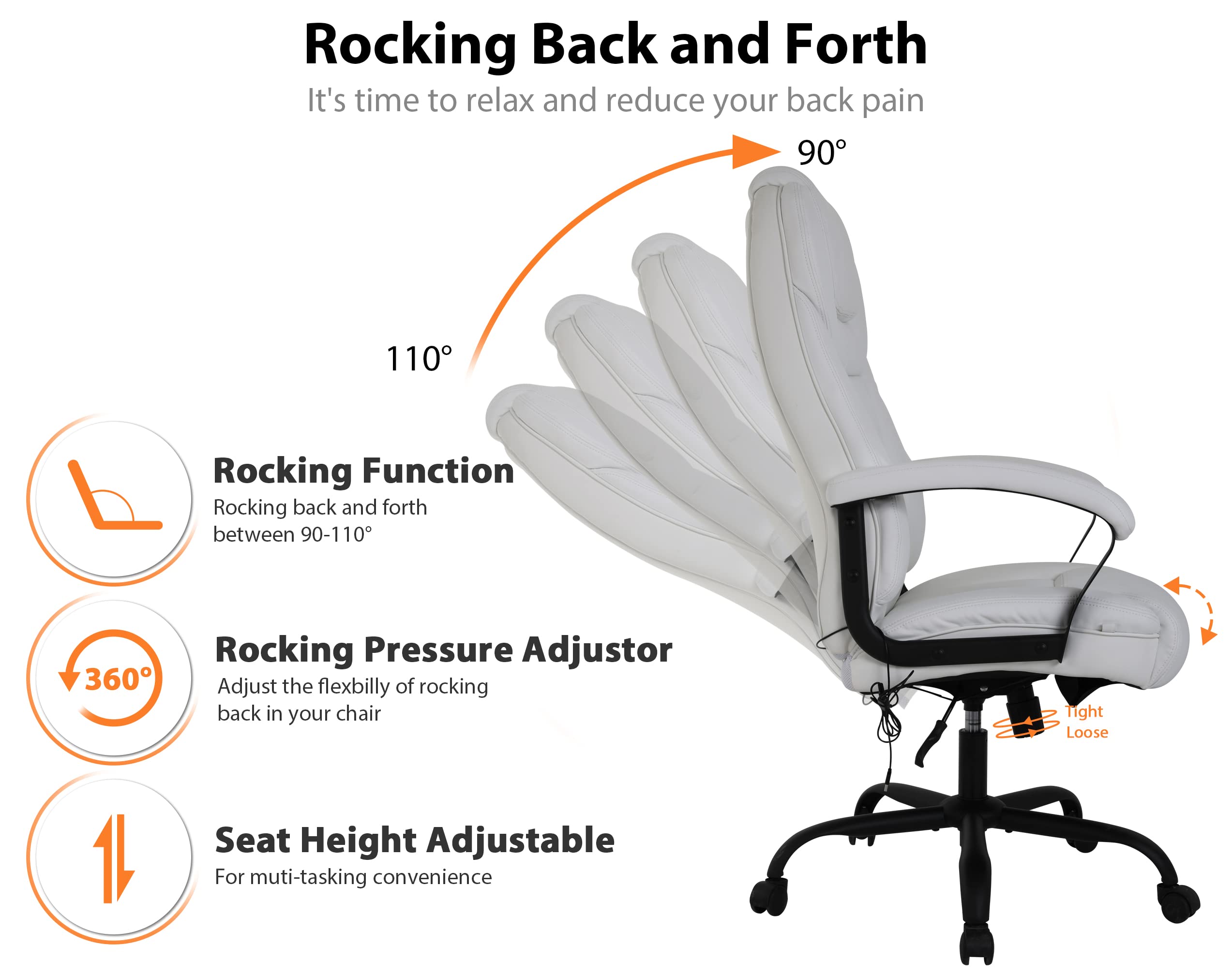 500 LBS Ergonomic Executive Office Chair, High Back Desk Chair with Massage Lumbar Support, Swivel Rocking Chair Computer Desk Chair with Padded Armrest and Adjustable Height, White