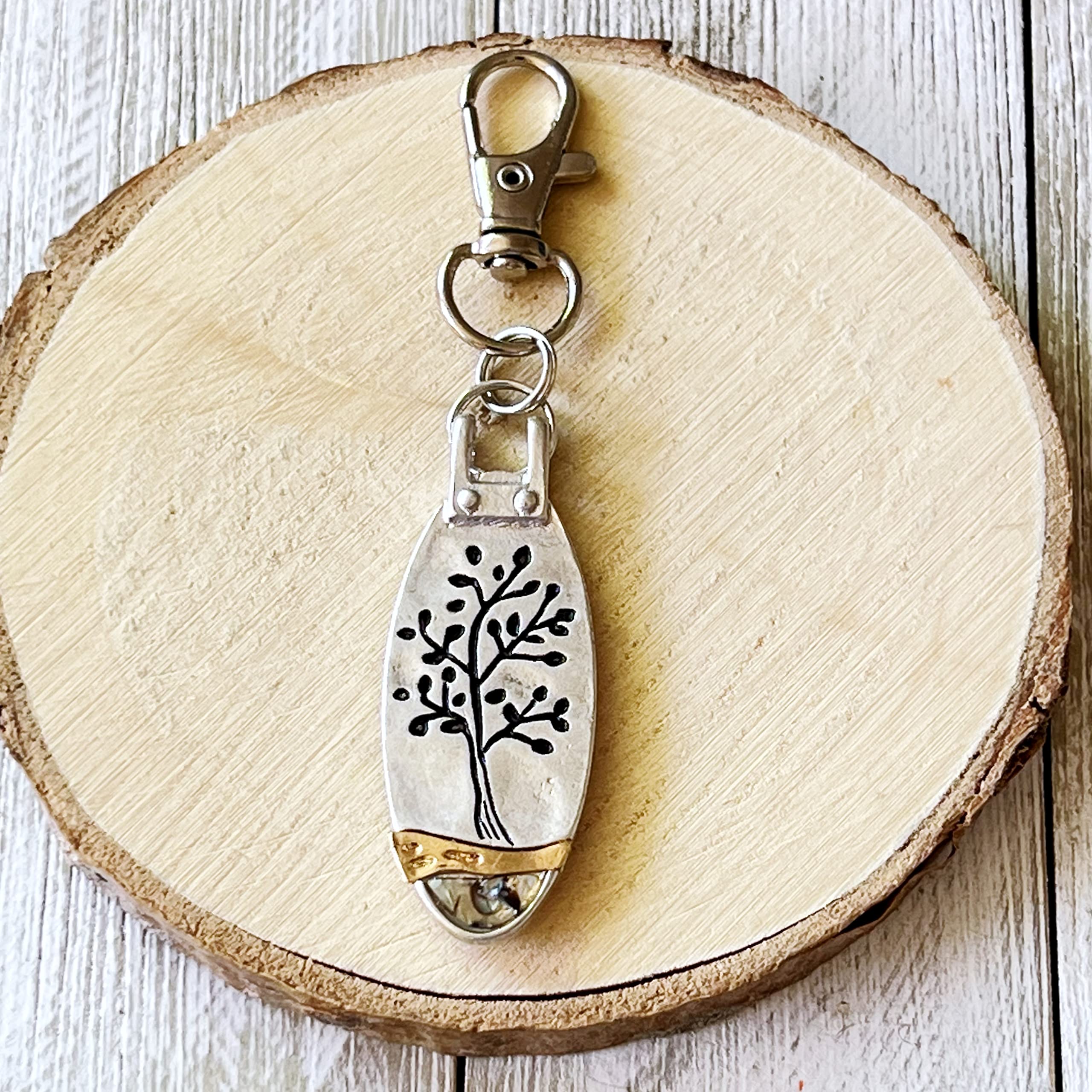 Silver Tree of Life Zipper Pull for Purse, Cute Abalone Shell Backpack Charms, Unique Gold inlaid Handbag Jewelry, Large Zipper Charms, Cool Keychain Charm