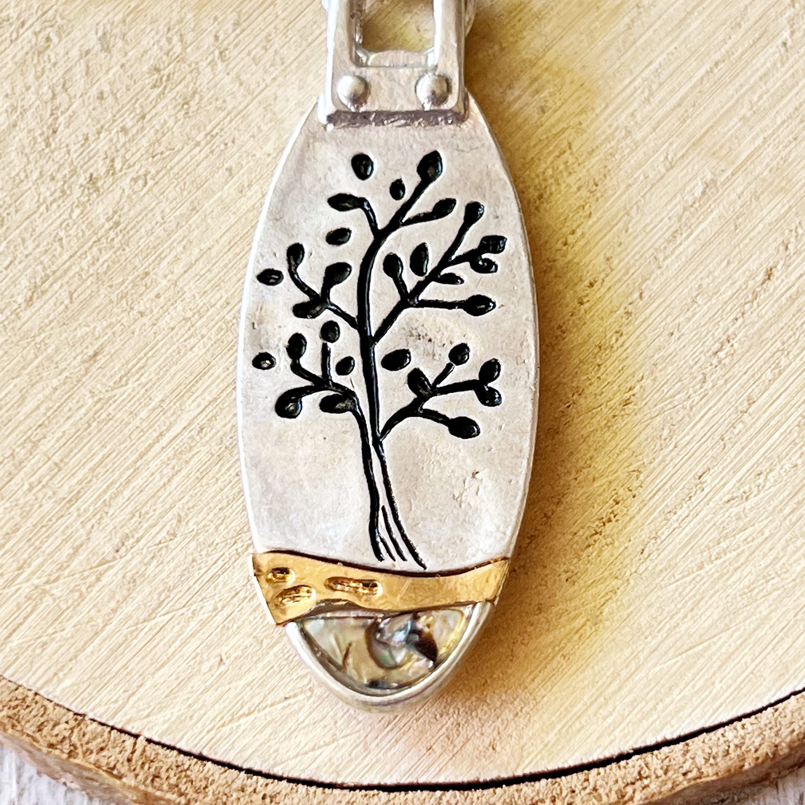 Silver Tree of Life Zipper Pull for Purse, Cute Abalone Shell Backpack Charms, Unique Gold inlaid Handbag Jewelry, Large Zipper Charms, Cool Keychain Charm