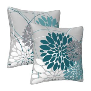 Teal Dahlia Pillow Cover 18x18 Inch Spring Summer Blue Throw Pillow Covers Gray Turquoise Geometric Floral Line Cushion Case Farmhouse Outdoor Home Decor for Sofa Bed Living Room, Set of 2