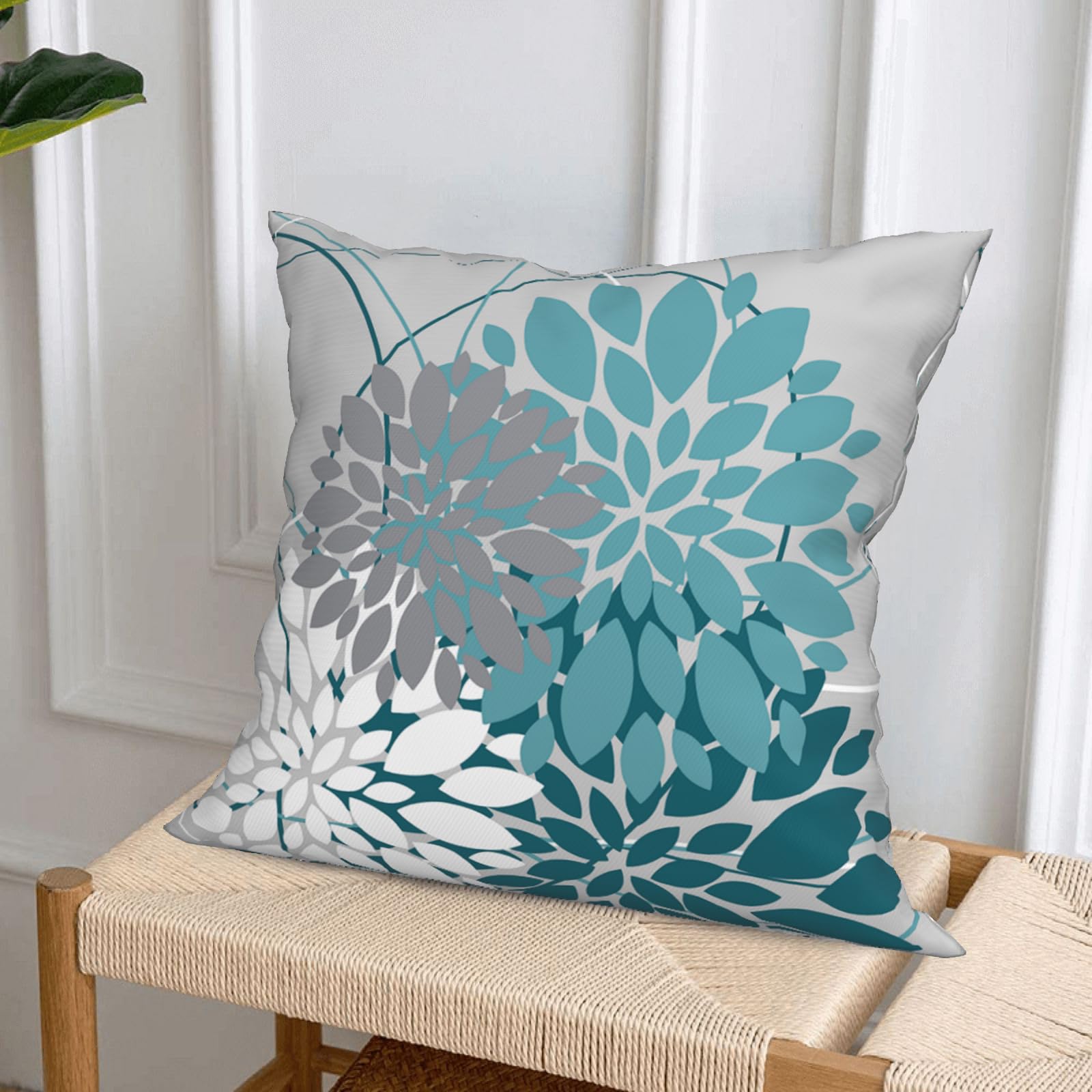 Teal Dahlia Pillow Cover 18x18 Inch Spring Summer Blue Throw Pillow Covers Gray Turquoise Geometric Floral Line Cushion Case Farmhouse Outdoor Home Decor for Sofa Bed Living Room, Set of 2