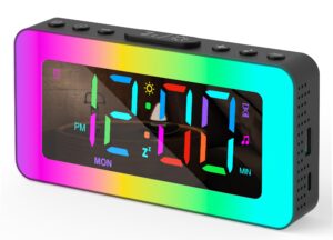 digital alarm clock for bedroom, colorful dynamic rgb night lights, multicolor digits display, 0%-100% dimmable, sleep aid, usb charger, small led bedside digital clocks for kids, boys, girls, teens