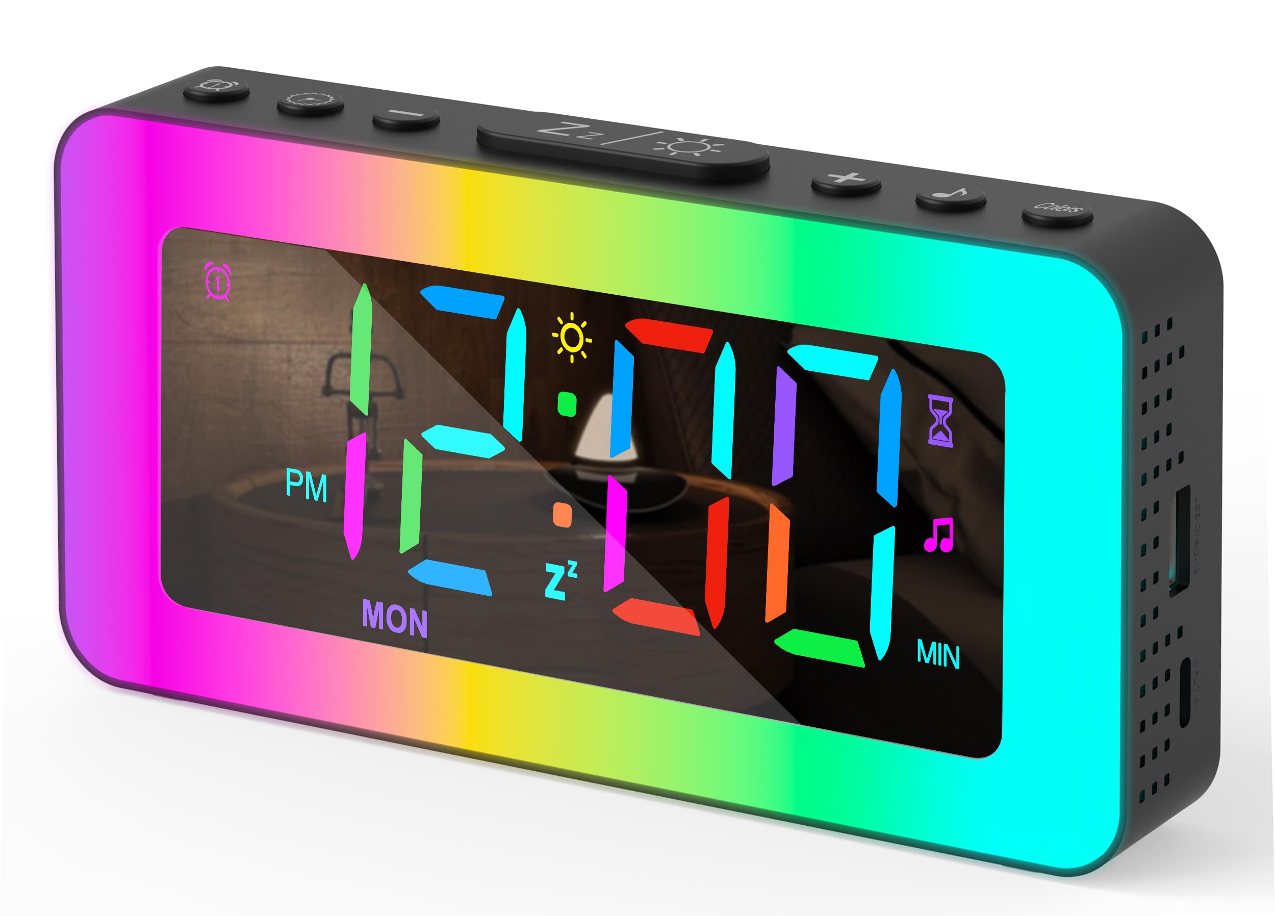 Digital Alarm Clock for Bedroom, Colorful Dynamic RGB Night Lights, Multicolor Digits Display, 0%-100% Dimmable, Sleep Aid, USB Charger, Small Led Bedside Digital Clocks for Kids, Boys, Girls, Teens