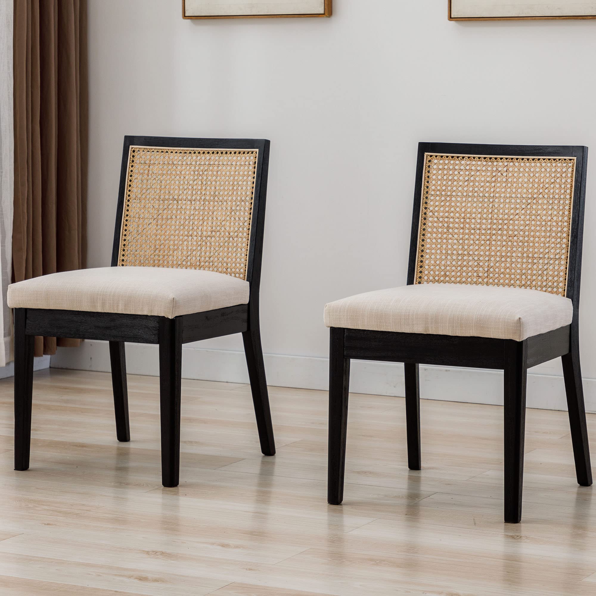 VESCASA Upholstered Dining Chairs with Square Rattan Back, Armless Padded Linen Cushion Dining Chairs with Wood Legs for Dining Room, Kitchen, Set of 2, Black Frame